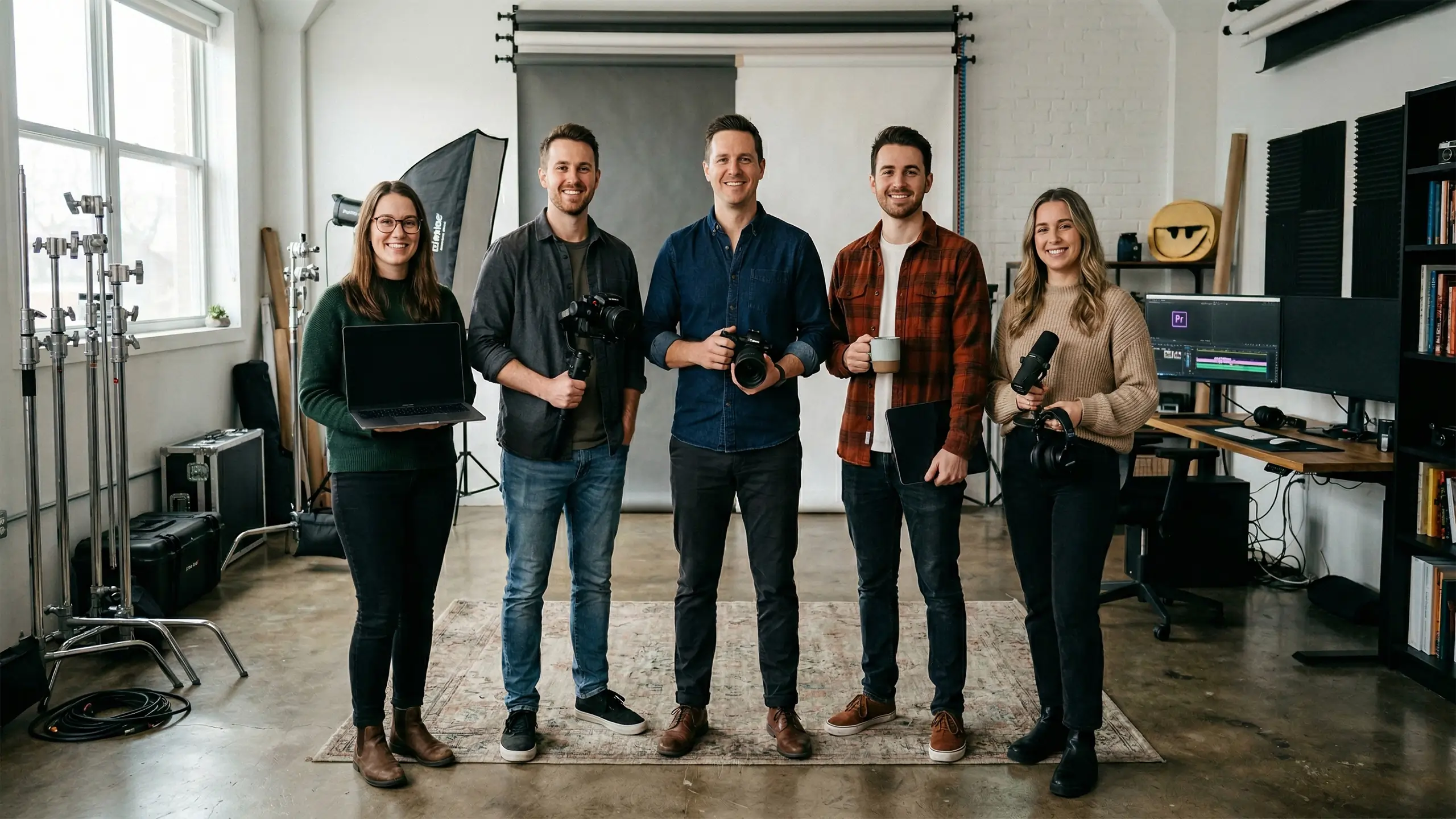 Five creative professionals standing in a production studio holding a laptop, camera gimbal, DSLR camera, coffee mug, and podcast microphone.