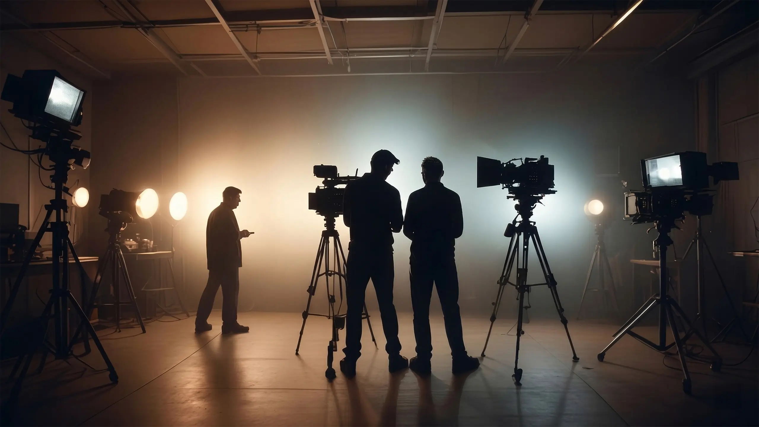 Silhouette of a professional film crew operating high-end cameras and studio lighting in a dark, atmospheric production space with heavy backlighting.