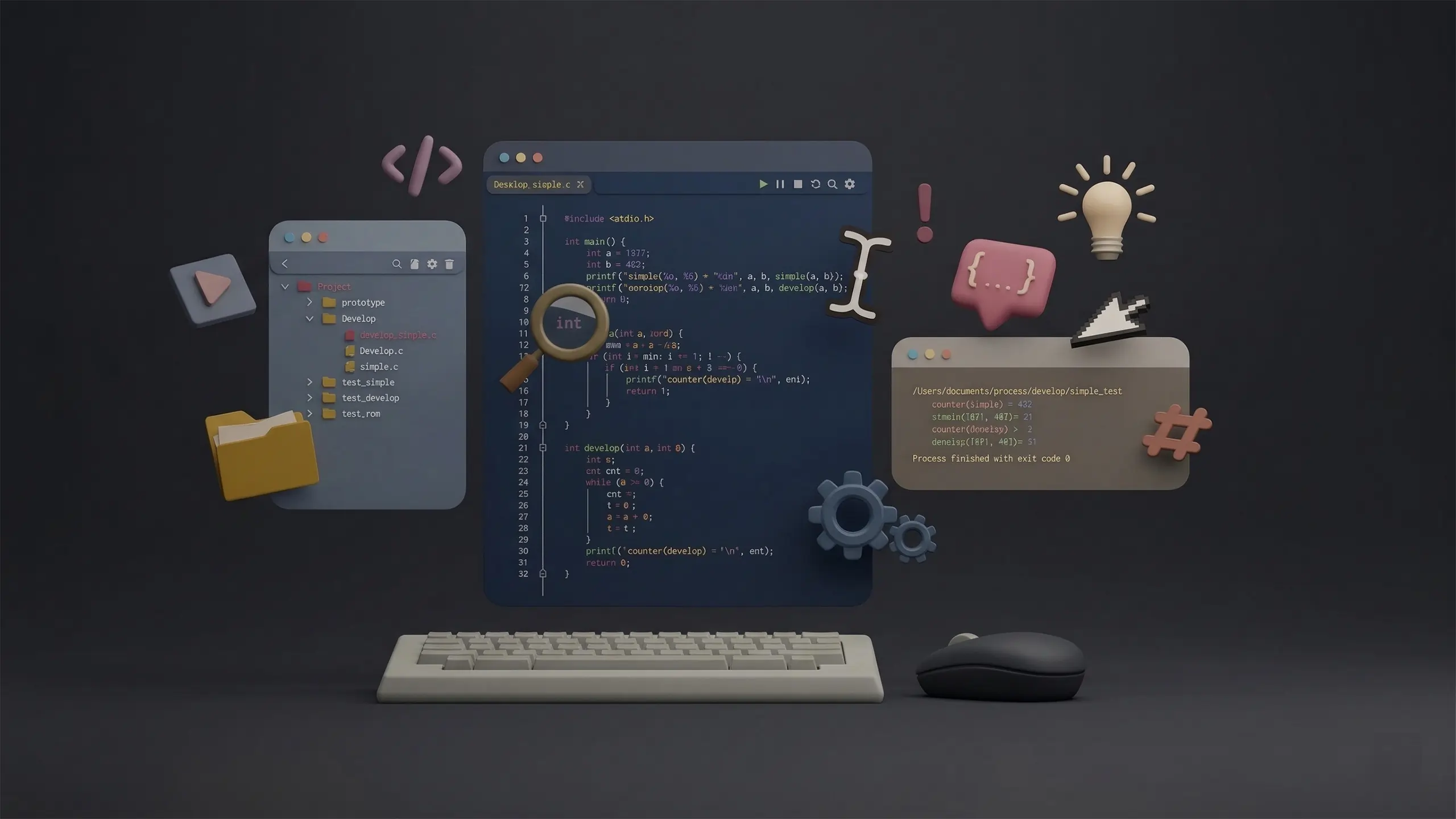 A 3D isometric illustration of a coding environment featuring a mechanical keyboard, floating code windows with syntax highlighting, and icons for ideas, settings, and folder organization