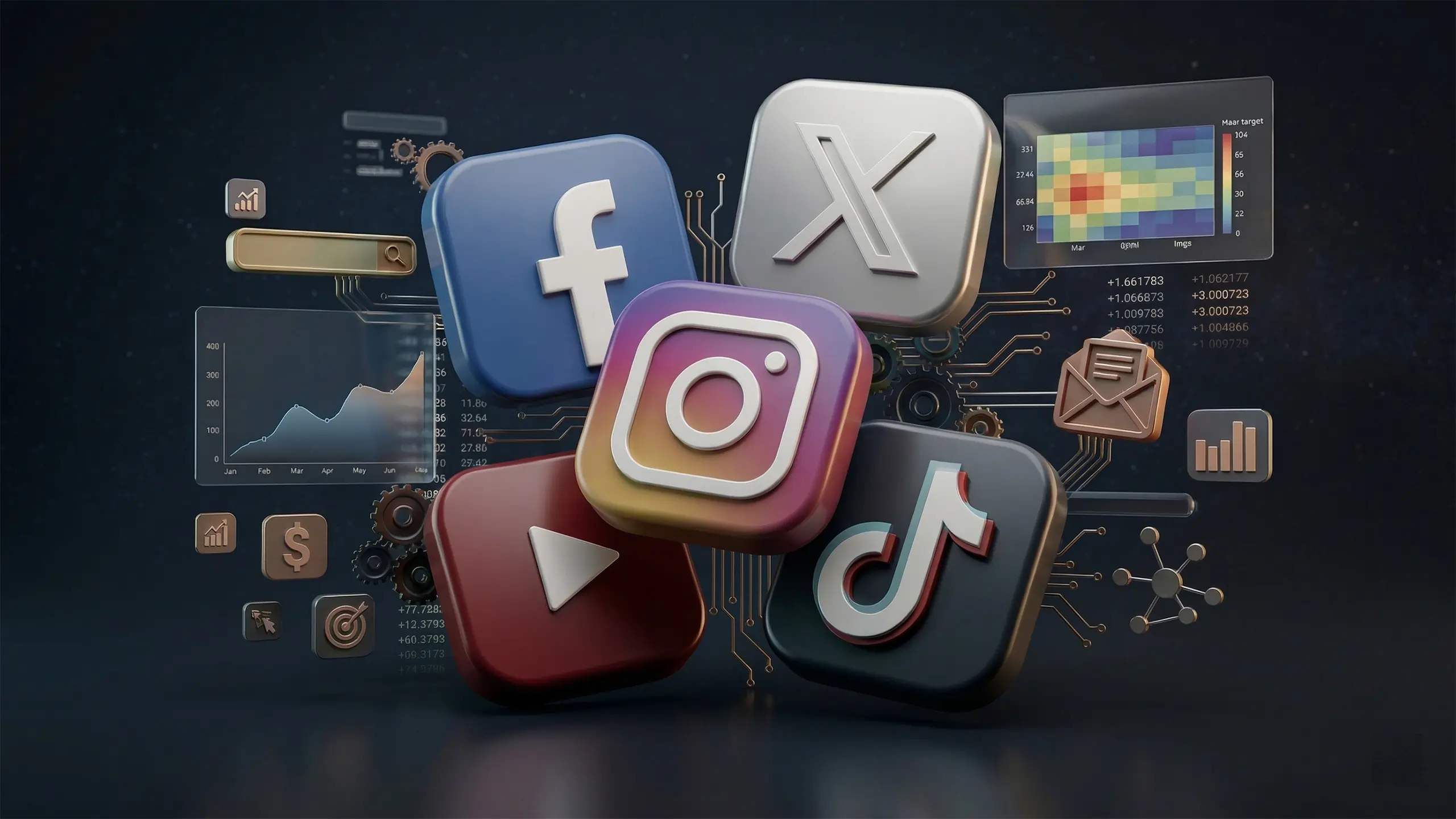 A detailed 3D visualization of a social media marketing hub, showing glossy, floating icons for Instagram, Facebook, X, YouTube, and TikTok. These platform logos are integrated with floating digital data graphs, stock symbols, a heat map visualization, and networking nodes against a dark tech-circuit background.