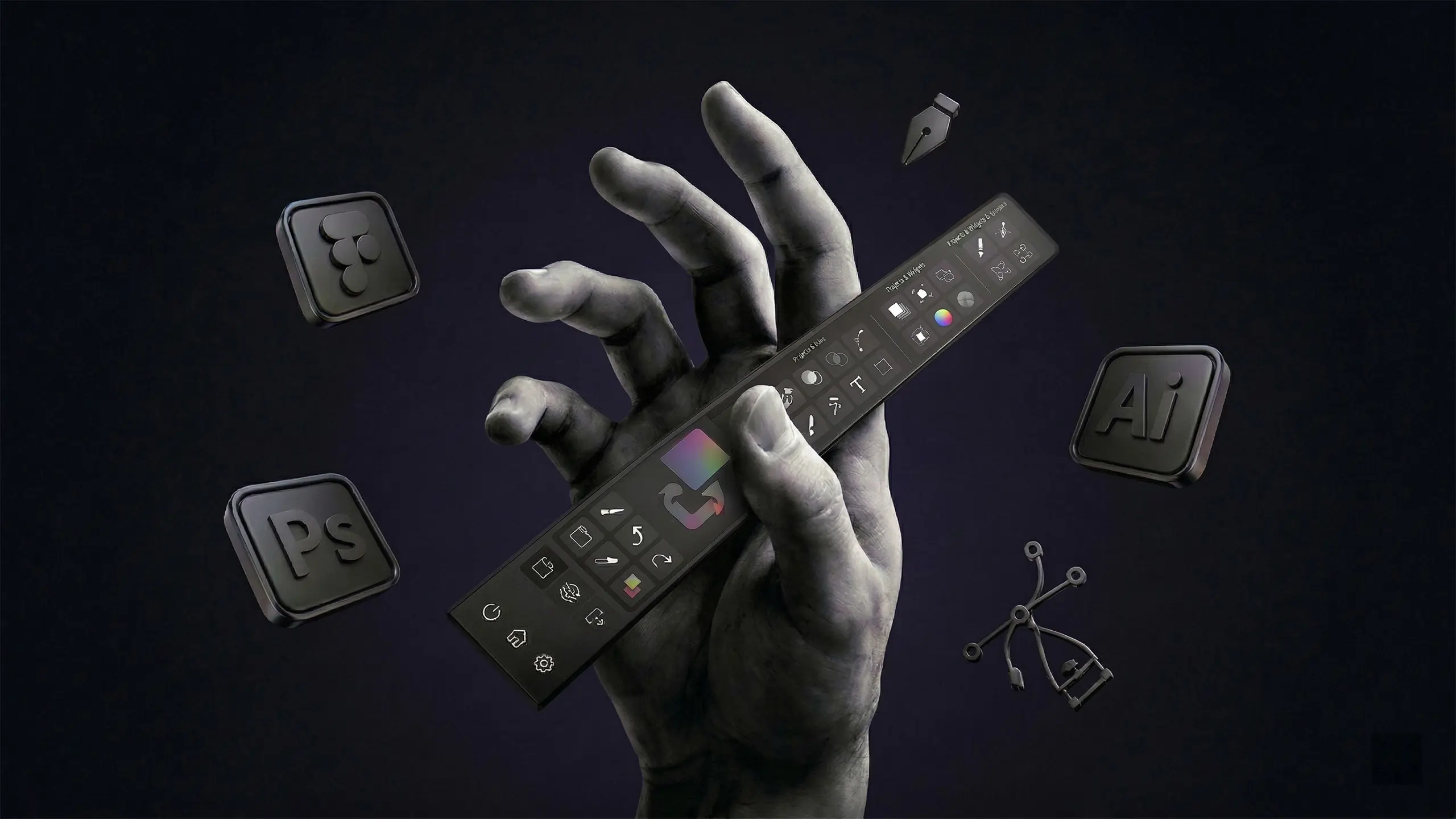 3D render of a hand holding a digital creative toolbar with floating dark-mode icons for Figma, Adobe Photoshop, and Adobe Illustrator